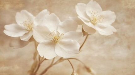 Fototapeta premium Delicate bouquet of pale white blossoms against a sepia backdrop.