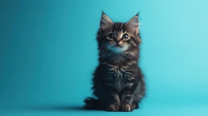 Cute kitten sitting against a vibrant blue backdrop