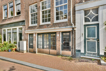 An inviting street view of a historic Dutch building showcasing its brick facade and large windows, surrounded by lush greenery. A glimpse into architectural beauty.