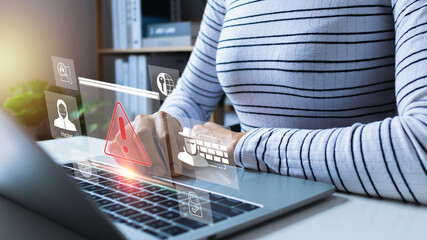 Caution of spam in website digital technology. concept of warning symbol or attack cyber, security...