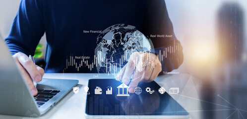 Real world asset (RWA) or tokenized asset of new financial innovation concept, Businessman or Analyst working with Business Analytics and Data Management Asset on a blockchain, new economic.