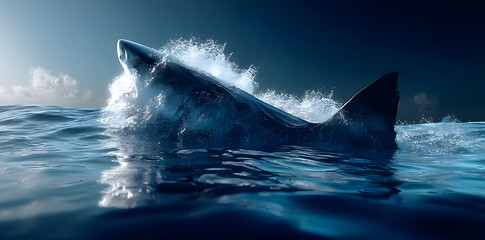 Fototapeta premium Huge shark fin breaking surface of the ocean water , aquatic animals, underwater scene, sharks