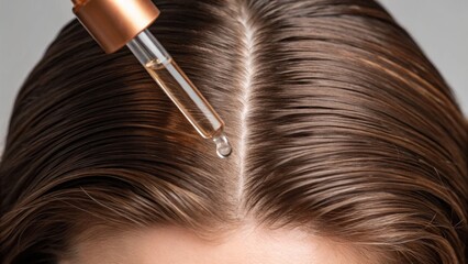 Obraz premium A dropper releasing a serum onto a person's hairline, highlighting hair care and beauty treatment.