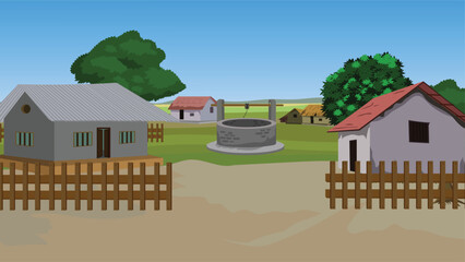 A Peaceful Village Scene with Houses, Well, and Green Field.Rural village background illustration