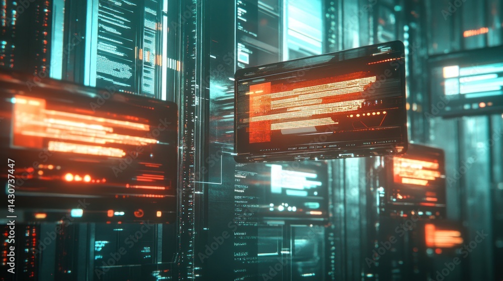 Poster futuristic server room with glowing screens displaying code