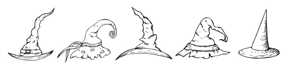 Vector set of halloween witch hats. Hand painted linear wizard cap illustration. Graphic monochrome sketch isolated on background. For designers, prints, logo, icon, menu, postcards, holiday, covers