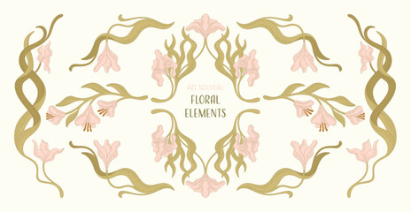 Art Nouveau Floral frames, corners, and borders with Iris. Floral design. Vector.
