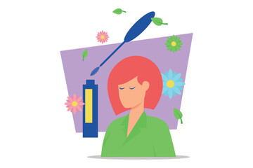Woman with red hair surrounded by colorful flowers and green leaves while applying cosmetics. Lively beauty routine concept