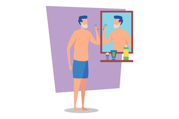 Man standing shirtless in front of mirror, carefully shaving his face. Various grooming products neatly arranged on shelf. Morning routine concept