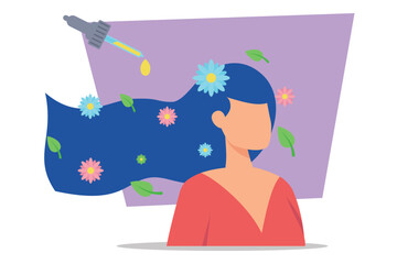 Woman with flowing hair adorned with colorful flowers. Dropper from above hinting at organic beauty product