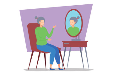 Person sitting comfortably in modern chair, engaged in self-reflection while looking into stylish mirror. Importance of beauty and personal grooming concept