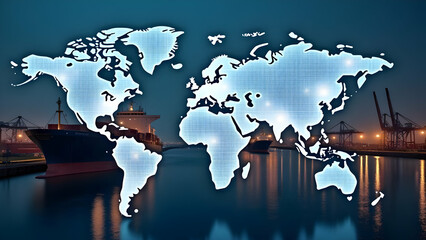 Harbor with Cargo Ships and Glowing Trade Networks on World Map