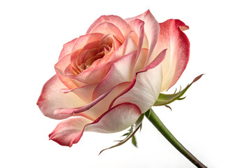 A beautiful pink rose blossom, isolated on a white background, evokes feelings of love and natural beauty.