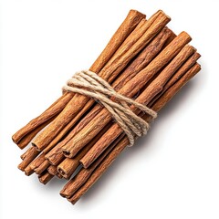A bundle of dried cinnamon sticks are tied together with natural twine, showing their warm brown color and textured surface on white background.