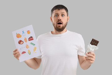 Shocked young man with chocolate bar and products on light background. Food Allergy Awareness Month