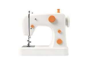 Close-up of a white and orange sewing machine.