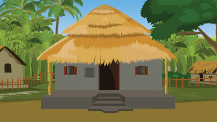 Traditional Thatched-Roof House in a Peaceful Village Scene.Indian rural village poor farmer's house background illustration