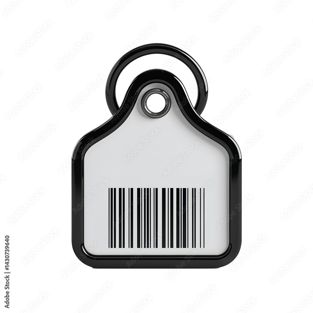 Poster minimalist keychain design with barcode tag in black and white, sleek geometric shape with rounded e