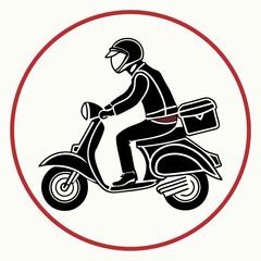 Delivery Man On Scooter Silhouette With Box In A Red Circle Frame