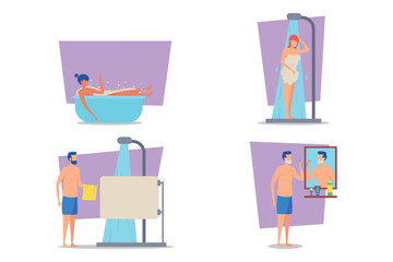 Different beauty routines in modern bathroom, featuring woman enjoying bath, woman showering, man drying off, and man grooming at mirror