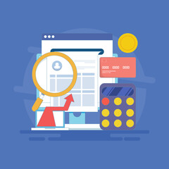 Online accounting software concept, Digital accounting, Wealth management, Tax calculation, Financial growth, Banking reports. Vector illustration background with icons