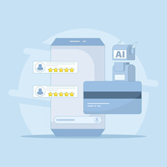 AI conversion on mobile, AI chatbot for mobile, artificial intelligence conversion with customers. Flat design vector illustration with icons on the background.