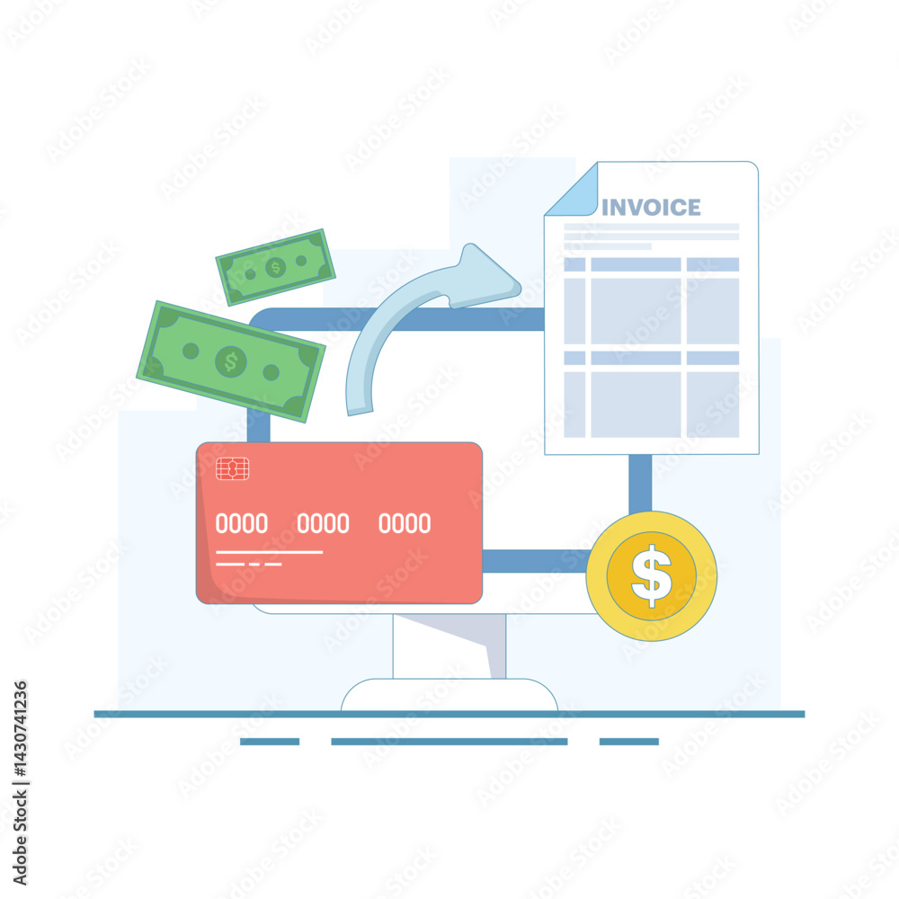 Poster bill payment card. invoice on computer monitor screen. payment by payment card and financial card fo