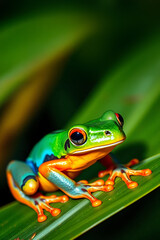 Obraz premium colorful frog on a leaf, close up of a rainforest amphibian