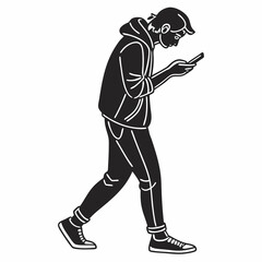 Monochrome Line Art Of Man Texting On Smartphone While Walking Isolated