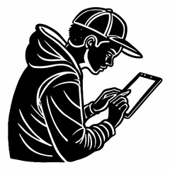 Black And White Illustration Of A Man Using A Tablet In Hoodie And Cap