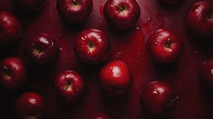 Fresh, vibrant red apples arranged on a dark red surface