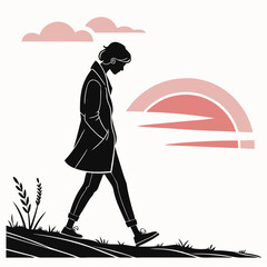 Minimalist Vector Illustration Of A Woman Walking At Sunset In Autumn