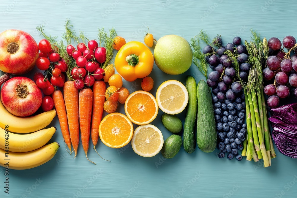 Poster brightly arranged fruits and vegetables create a smiling face for promoting nutrition and healthy ea