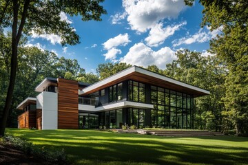 A white house with a black garage door is surrounded by trees