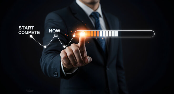  Businessman initiating data transfer or system process, indicated by a glowing orange loading progress bar on a futuristic interface.