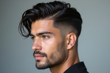 Obraz premium man with a slick side-part hairstyle, polished black hair with a subtle shine, professional studio portrait