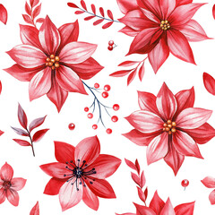 Watercolor Christmas seamless pattern with red poinsettia flowers, festive berries, leaves and twigs for design, print