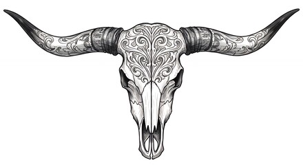 Detailed ornate longhorn cattle skull illustration