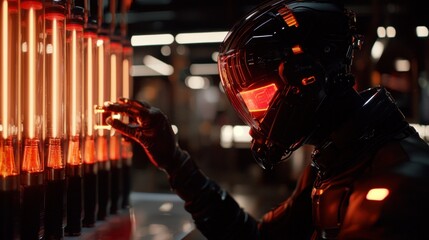 Futuristic figure interacting with glowing tubes in a laboratory setting