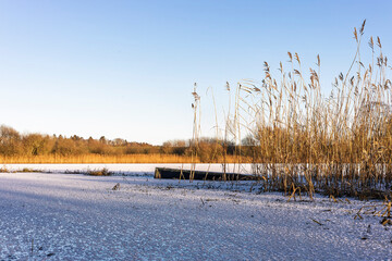 Frozen Lake in Winter Landscape with Broken Wooden Walkway in Clear Blue Sky