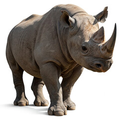 Obraz premium Lets care extinction. Adult rhino on white background. Some species are facing extinction due to various threats like habitat loss, poaching, and climate change. Awareness and media campaign.