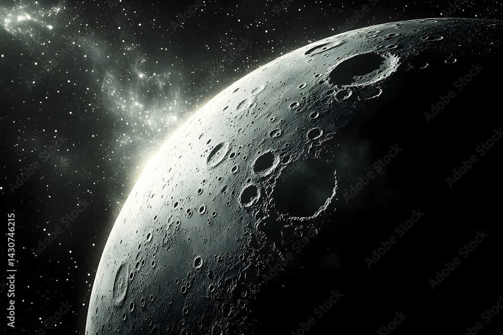 Poster a celestial view of the moon's cratered surface in space.