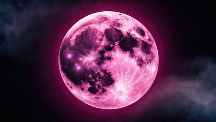 Pink full moon against a dark night sky, lunar phenomenon