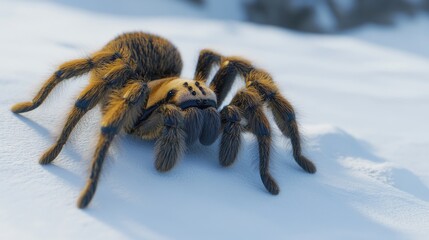 Tarantula on snow. Detailed view of a tarantula resting on a snowy surface