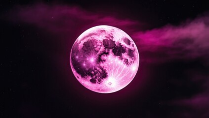 Pink full moon against a dark night sky, lunar phenomenon