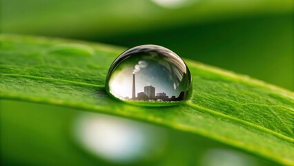 A water droplet on a green leaf reflects a cityscape, showcasing the connection between nature and urban environments.