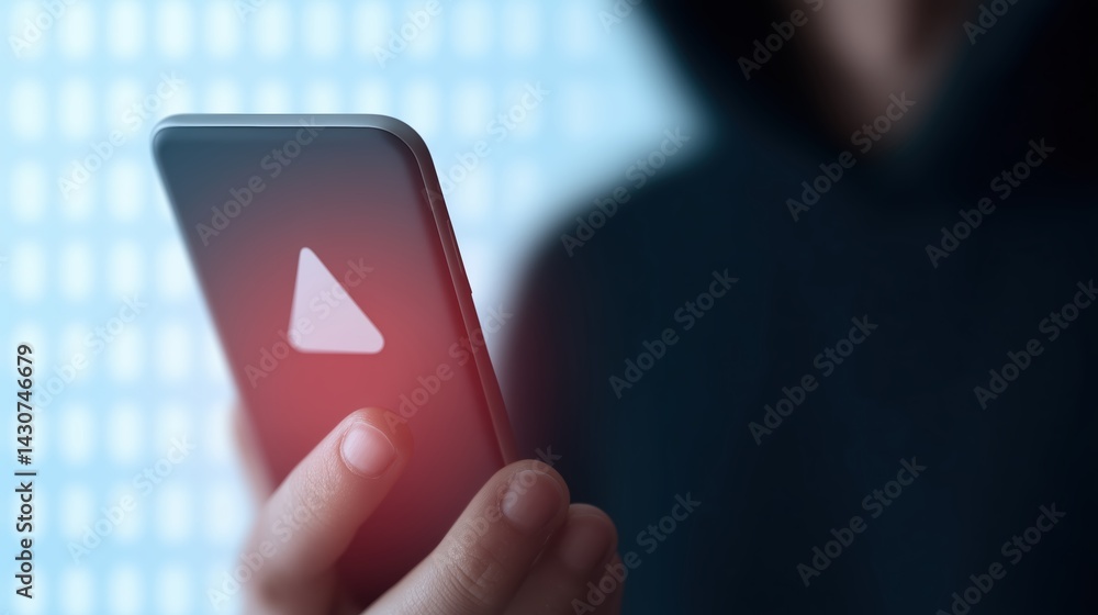 Poster mobile phone held by individual in dark clothing displaying play button on screen, emphasizing digit