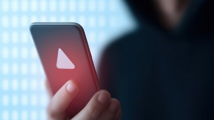 Mobile phone held by individual in dark clothing displaying play button on screen, emphasizing digital media consumption concept