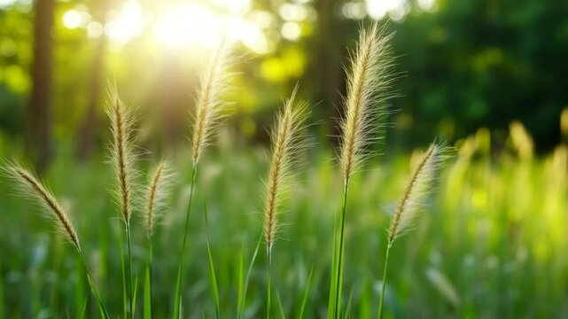 reeds in the morning, green wheat field, grass, windy, nature
