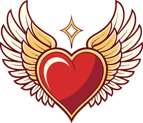 Heart shaped icon, vibrant red, golden accent, angelic wings, symmetrical design